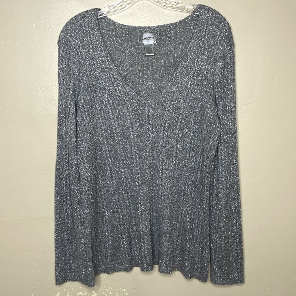 CHICO’S Sweater Gray Silver Sparkle Cable Knit Ribbed Tunic Style V-Neck Medium